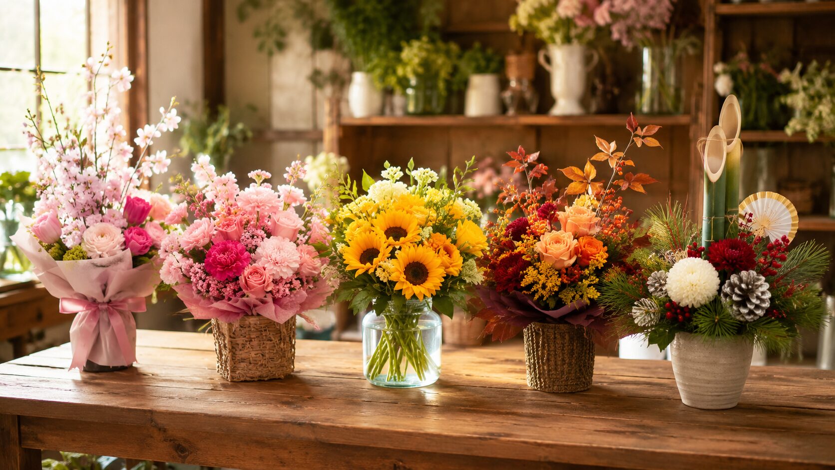 繁忙期の花屋の作業風景
