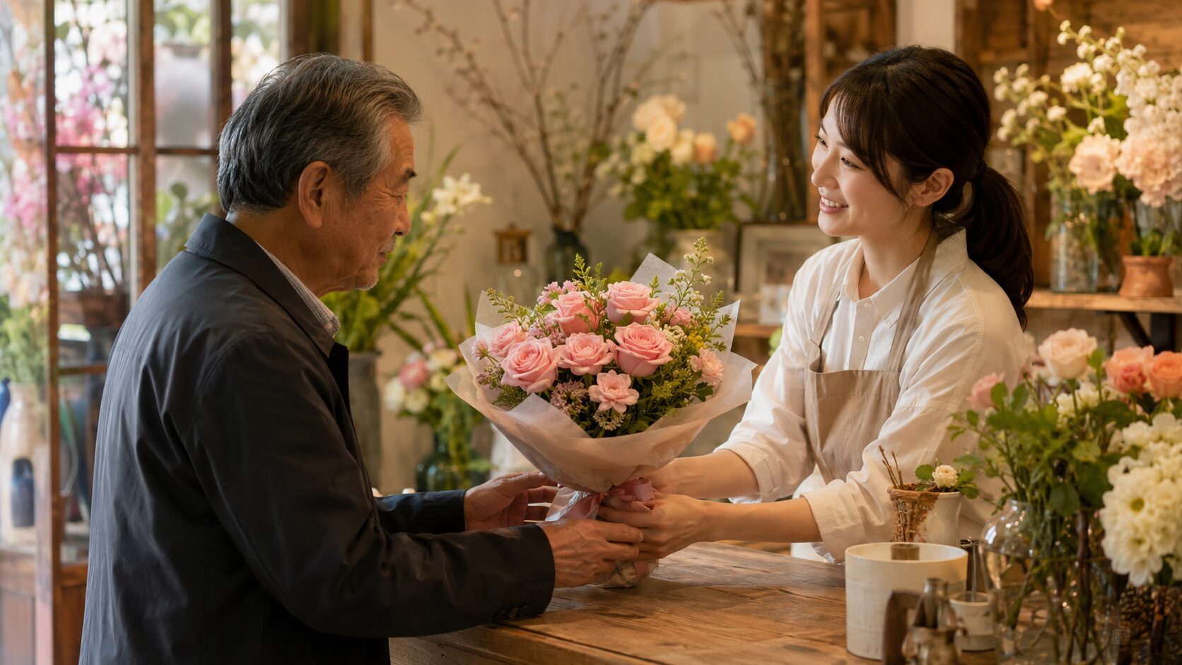 お花を受け取るおばあちゃん