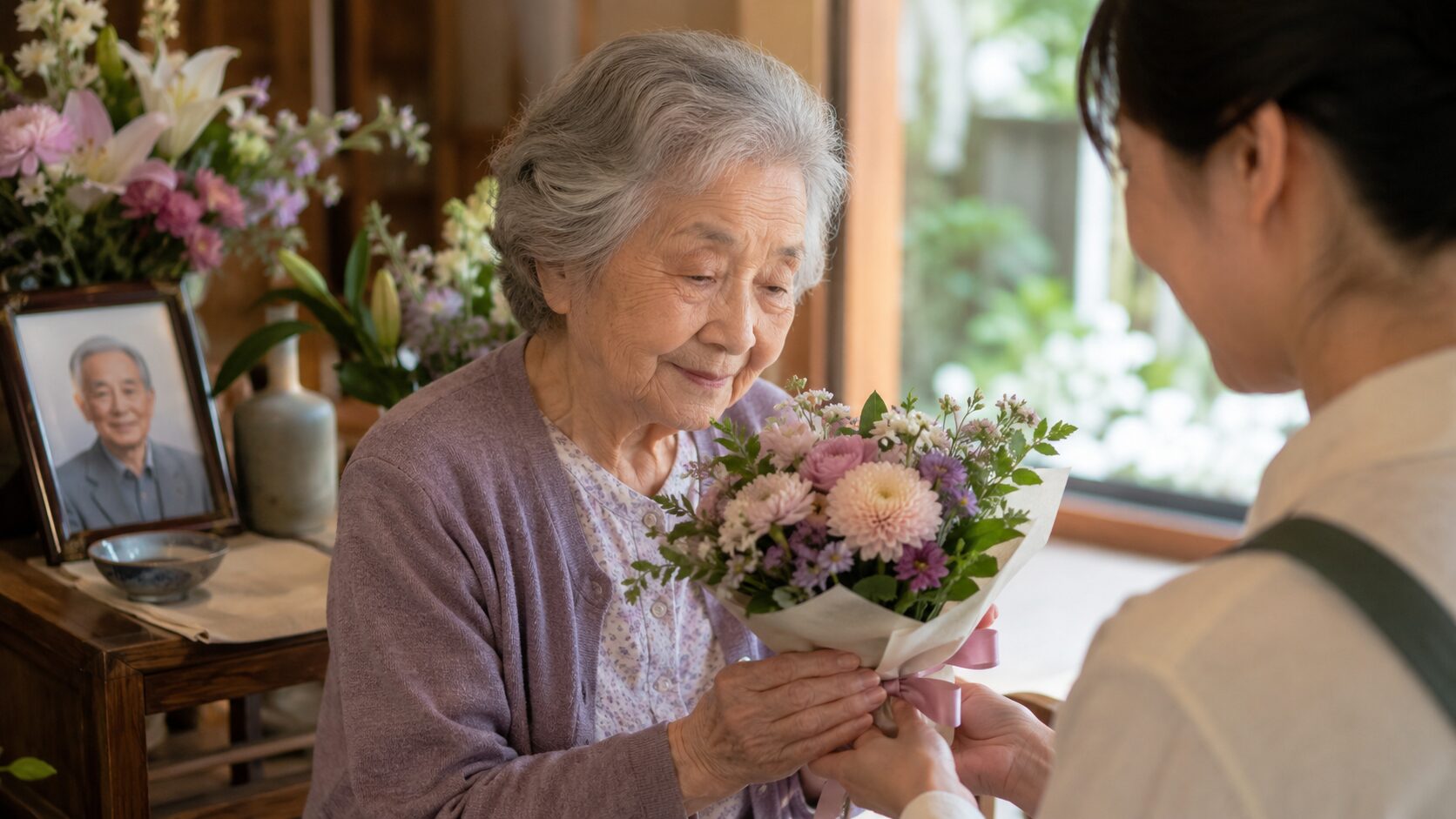 花束を手渡す花屋さん