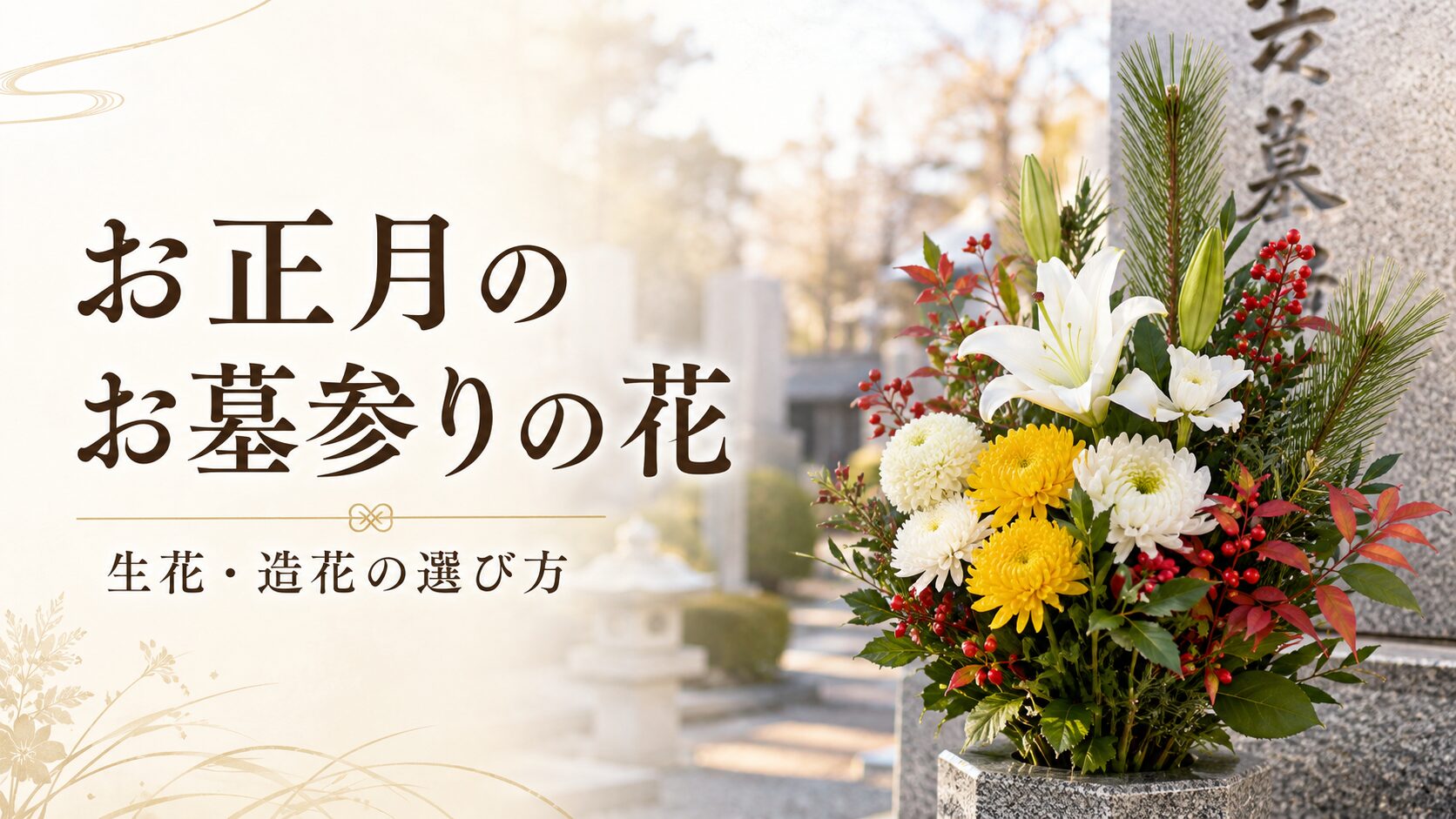 お正月のお墓参りで祈る女性と供え花