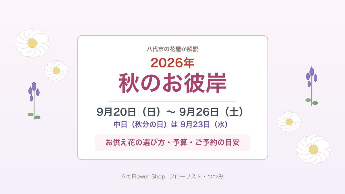 2026年 秋のお彼岸のアイキャッチ画像。白菊とリンドウのイラストを添え、「2026年 秋のお彼岸 9月20日（日）〜9月26日（土）／中日（秋分の日）は9月23日（水）」「お供え花の選び方・予算・ご予約の目安」と八代市の花屋フローリスト・つつみの店名を記載している。