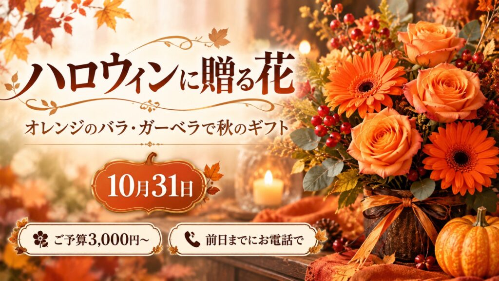 ハロウィンに贈る花｜オレンジのバラ・ガーベラで秋のギフト。10月31日、ご予算3,000円〜、前日までにお電話で